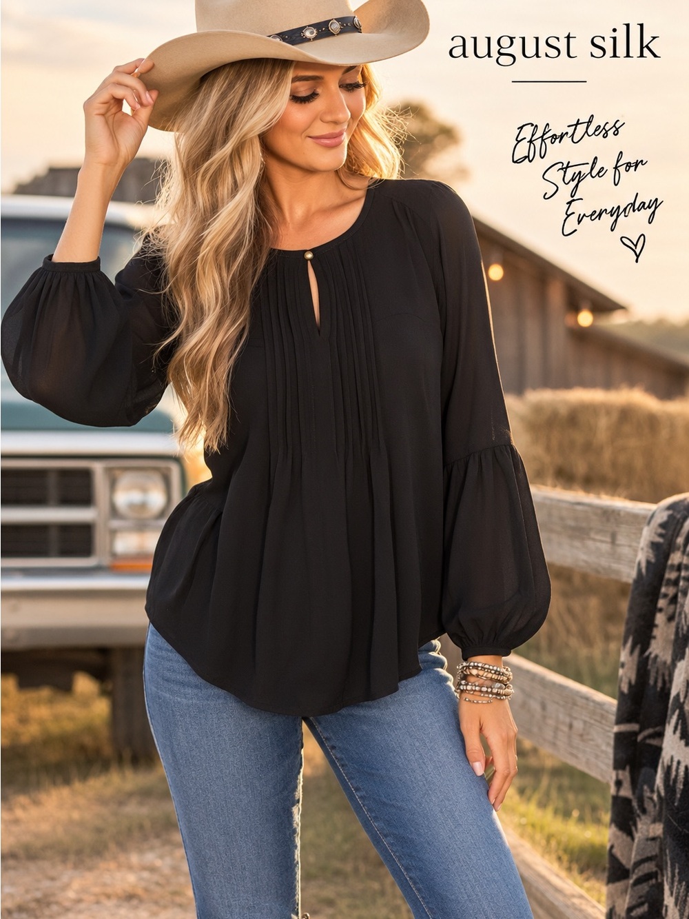 August Silk Black Boho Blouse Small Country Concert Western Sheer Sleeve Top